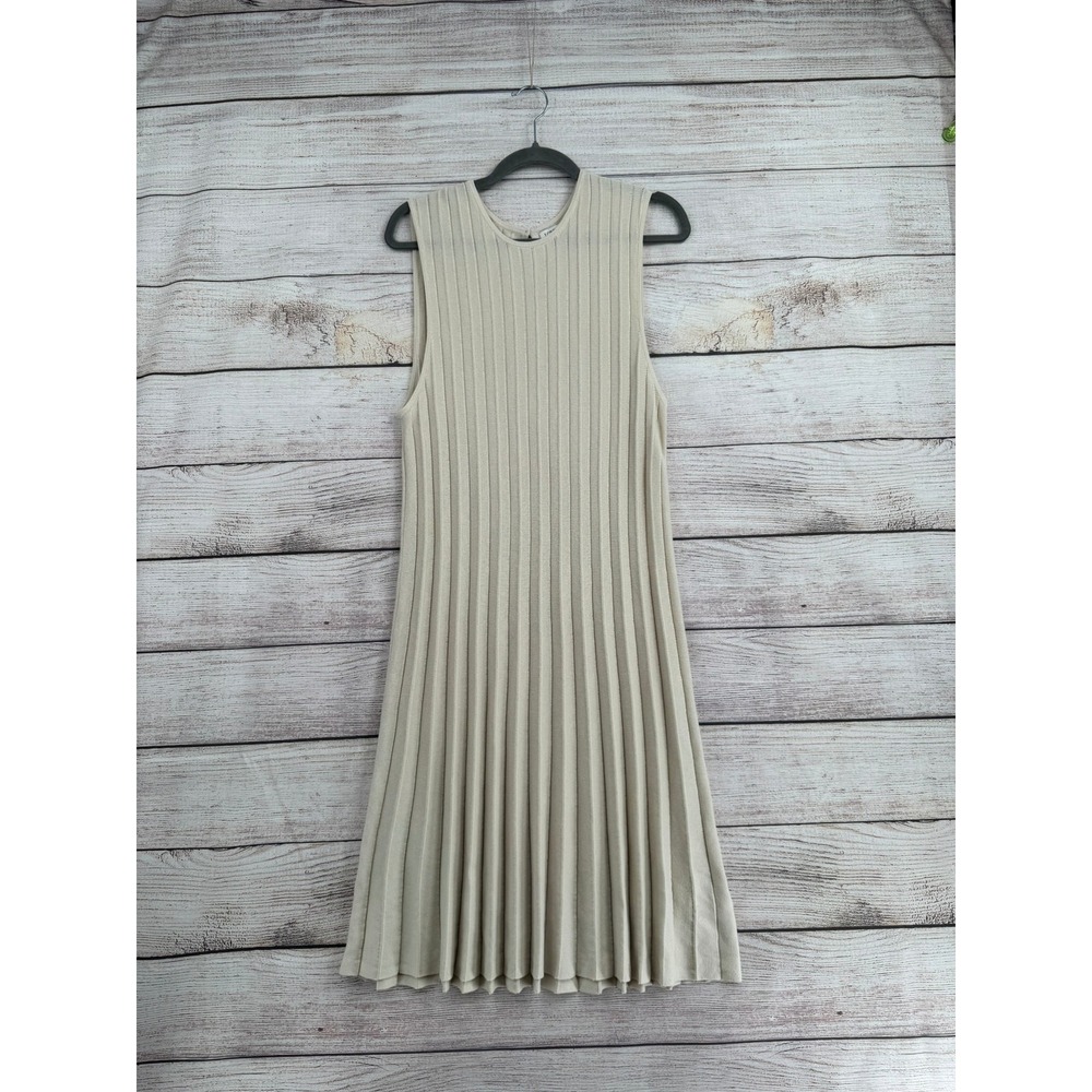 J.Crew Dress Womens L Beige Sleeveless Ribbed Pleated Knit Midi